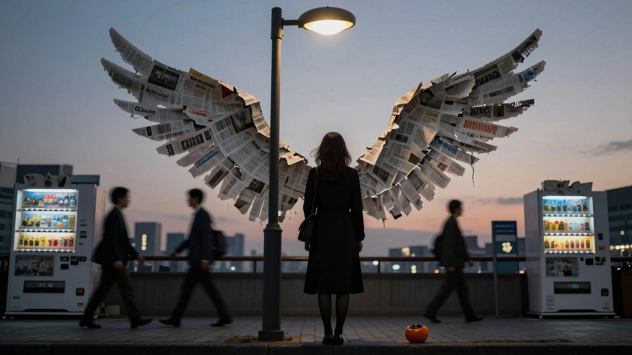A woman under a streetlamp at dawn, her figure fading into broken bird wings made of newspaper and neon.