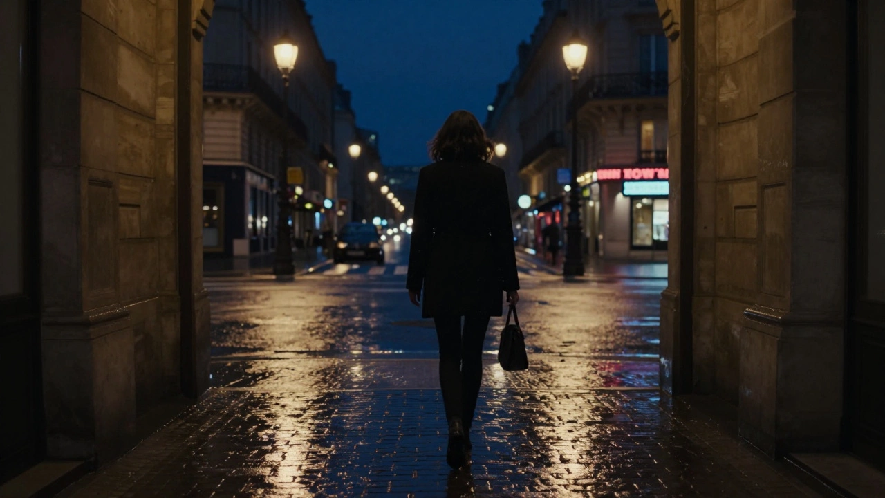 A woman walking alone away from a hotel at night under Paris streetlights, rain reflecting light.