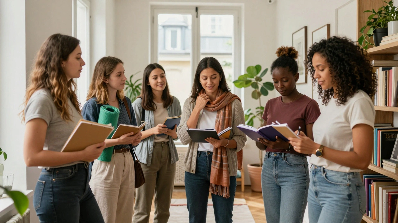 Diverse women in casual attire standing together in a bright Paris apartment, holding personal items.