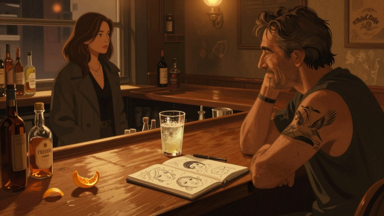 Interior of a dimly lit bar with sketches on a notebook, a man with a crane tattoo, and a mysterious woman at the window.